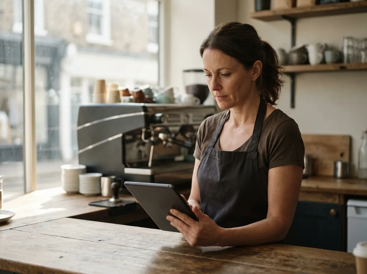 Café-Inhaberin steht hinter der Theke und schaut auf ihr Tablet.