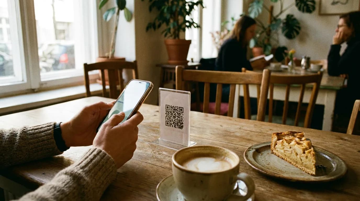 Gast an einem Café-Tisch scannt mit dem Handy einen QR-Aufsteller, daneben ein Cappuccino und ein Stück Kuchen.
