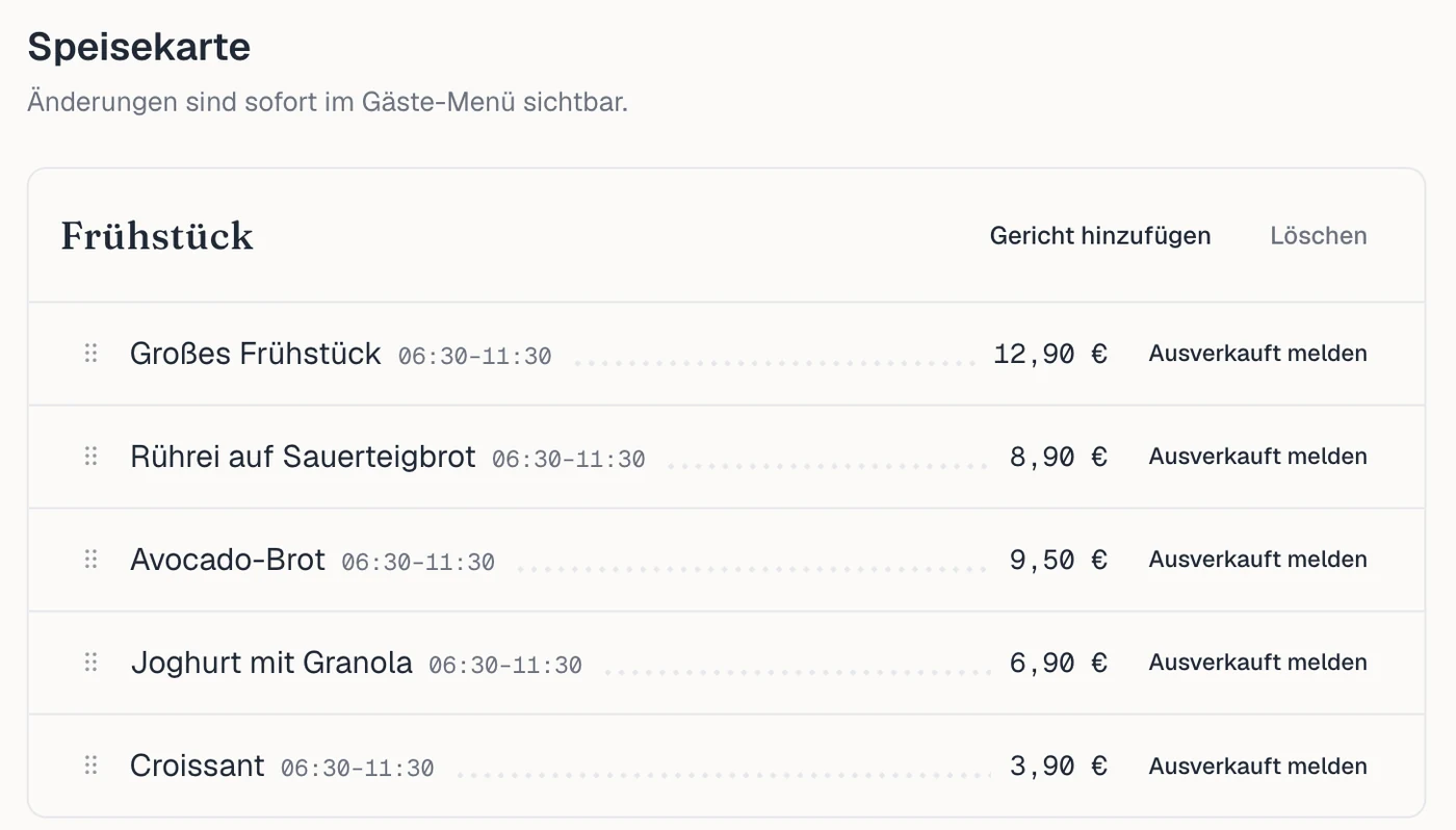 Screenshot der Verwaltung: Kategorie „Frühstück“ mit Gerichten, Zeitfenster 06:30–11:30 und Preisen.