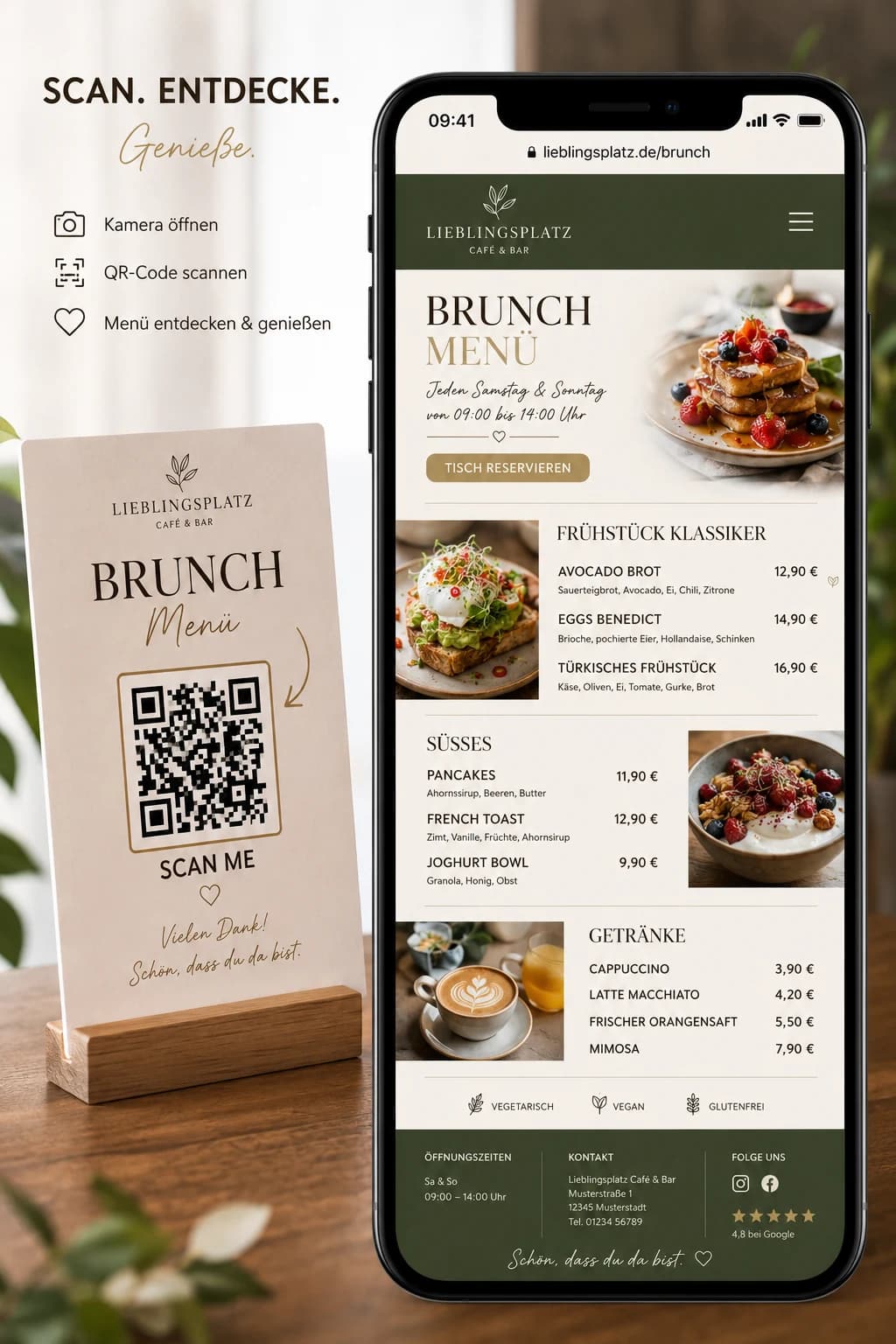 Tischaufsteller mit QR-Code neben einem Telefon, auf dem die digitale Karte eines Cafés geöffnet ist — mit Kategorien, Preisen und Kennzeichnung für vegetarische, vegane und glutenfreie Gerichte.