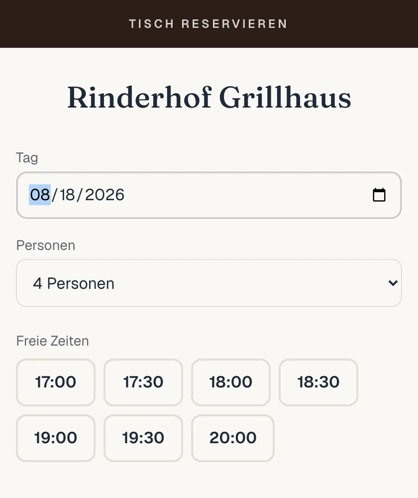 Buchungsseite auf dem Handy: Auswahl von Tag und Personenzahl, darunter die freien Zeiten von 17:00 bis 20:00 als antippbare Felder.